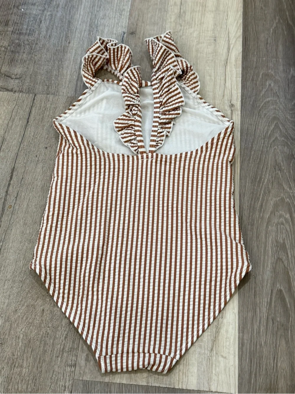 H&M Cream and Brown Striped Ruffle-Shoulder One-Piece Swimsuit